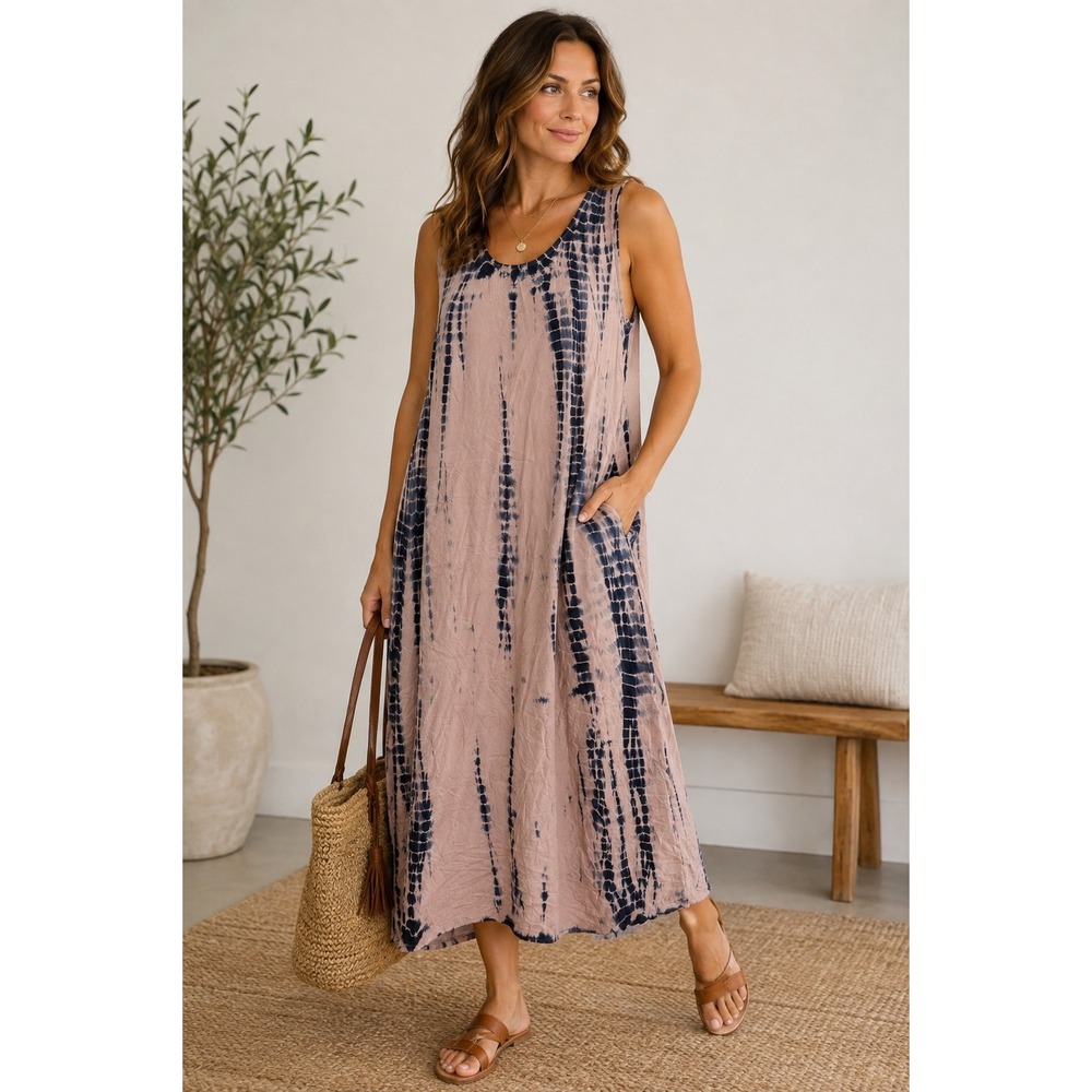 Pure Jill J. Jill Tie Dye Maxi Dress XL Blush Navy Viscose Sleeveless Pockets